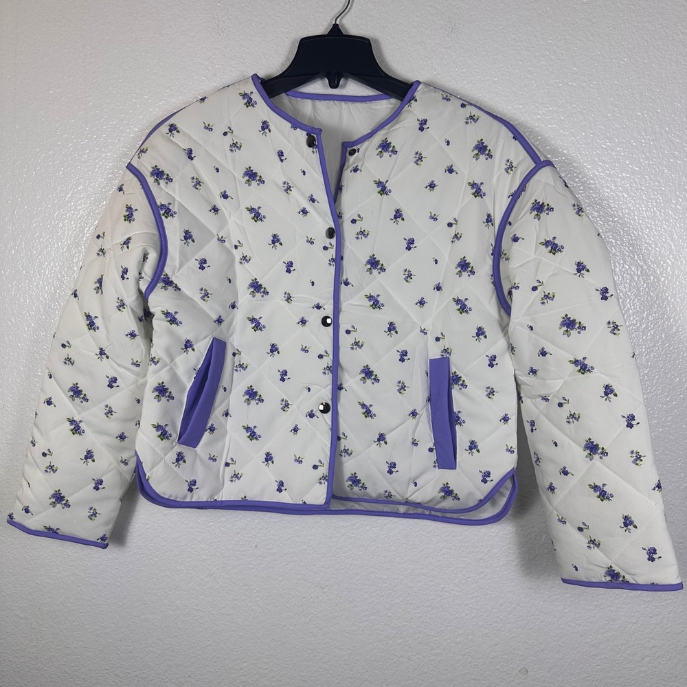 SHEIN Violet Floral Quilted Puffer Jacket White Purple H4E211 Womens Medium
